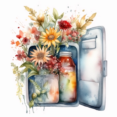 Cute Adorable magical wildflower bouquet in an old open fridge, nebular mix background, clipart, photorealistic illustration, watercolor, high detail, 8k polished, 8k, vibrant colors, white background