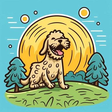 Create doodle-style dog clipart with playful and energetic lines. Use bright and vibrant colors like yellow, orange, and turquoise. Place the dogs in a sunny park environment with green grass, trees, and a clear blue sky to evoke a cheerful and playful mood.