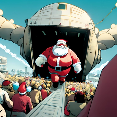 big crowd of happy radiant Santa Claus arriving at the airport tower pulling huge containers with gifts inside, vectorized, Clipart, funny, comicbook, by Jim Lee, 90s comicbook art, dynamic, ready for action, line drawing, color, photorealistic, 3D, art by unreal engine, octane render, studio ghibli, pixar studio