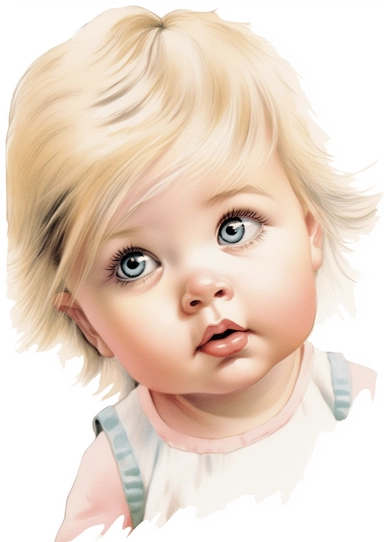 a cute retro vintage baby. close-up of her beautiful face. Color pencil sketch, soft baby colors, on a white background for clipart.