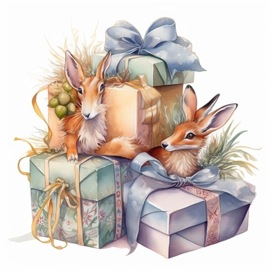 insanely beautiful pile of 3 gift packages , in the style of beatrice potter and jody Bergsma,32k uhd, hand-painted details, pastoral illustrations, amazing colour combinations , aquarellist, hd , white background clipart ,-- no watermark--ar 27:37
