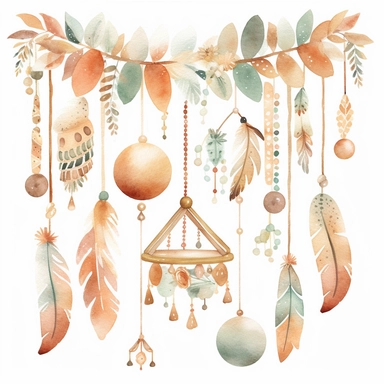 Create watercolor clipart of a boho baby mobile, featuring items such as geometric shapes, pom poms, and wooden beads. Use intricate patterns and muted colors to capture the playful yet understated boho vibe, white background