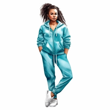 watercolor style, beautiful african american woman wearing tracksuit, hoodie and sneakers, realistic, clipart, isolated on white background, 4K