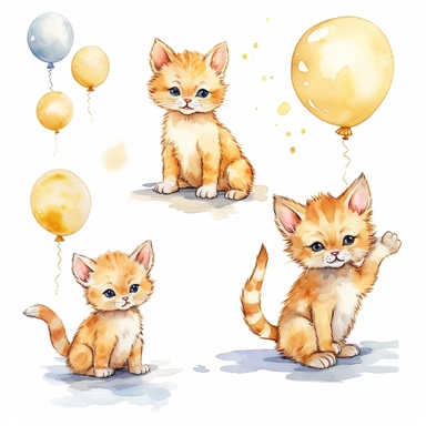 A charming watercolor cat clipart bundle, showcasing an adorable cat cub engrossed in playful activities. Against a clean white background, the watercolor painting depicts the cub's unbridled enjoyment and sense of fun. This cute baby animal clipart bundle infuses designs with a lively and joyful atmosphere, creating a delightful and engaging visual experience. /artistic_style:Watercolor painting /background:white /subject:playful cat cub /emotion:enjoyment, fun /atmosphere:playful and cheerful 