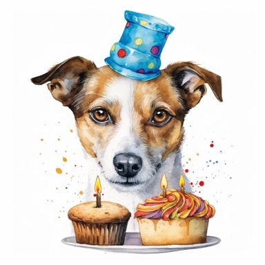 watercolor, clip art, a Jack Russel wearing a party hat and eating cake, birthday, happy face, isolated on a white background