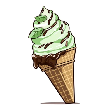 Create a clipart featuring mint chocolate ice cream in a waffle cone. The ice cream should be a vibrant green color and topped with dark chocolate shavings. The background should be white to make the colors pop. The waffle cone should be textured with light brown lines to give it a realistic look. The image should be fun, playful, and perfect for use in dessert blogs or as a social media graphic for ice cream shops.