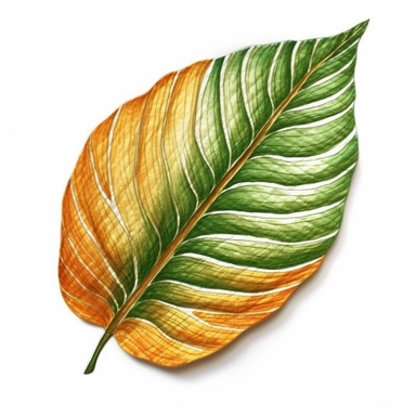 Orange with Green Tropical Linear Leaf in Watercolor hyper-realistic detailed illustrations, elegant water ink brush strokes techniques, delicate markings, monochromatic paintings, free brushwork, watercolor illustrations, painted illustrations Clipart, White Background Clipart, White Background