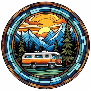 Stained Glass Camper in the mountains in the shape of a circle PNG Clipart