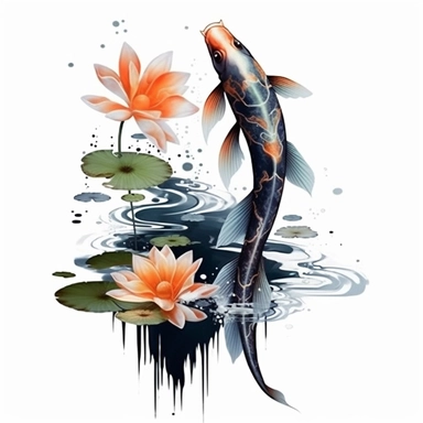 beautiful japanese a koi fish in dark pond, lotus flower and leaves, watercolor style, Sublimation Clipart,hyper realistic, intricate detail, illustration style,high solution,on the white background