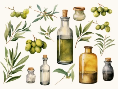botanical style watercolor olive oil bottle elements Clipart muted color white background knolling