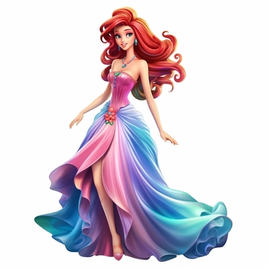 an exceptionally beautiful happy anime girl dressed in evening gown, smiling, long hair, vibrant colors, highly detailed, full body image, pixar style, clipart, white background