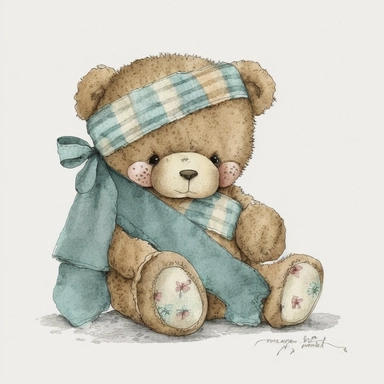 watercolor vintage teddy bear with bandages clipart