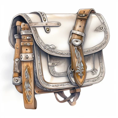 Saddlebags: Saddlebags are a practical accessory for horseback riders, providing a place to store gear and supplies. These leather bags with their intricate tooling and silver conchos are a popular subject for western clipart, adding a touch of authenticity and practicality to any design. westerncore, western, watercolor, hd, detailed, clean, colorful, pure white background