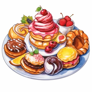 watercolor painting of pastry and desserts on a plate, in the style of colorful cartoon, iso 200, wimmelbilder, warmcore, high resolution, applecore, group material Clipart desert cartoon t-shirt graphic, vector,contour, isolated on a white background
