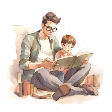 illustration, father and child reading together, pastel tones, clipart, white background