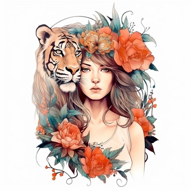 Girl with tiger and flowers, illustration clipart, detailed, black outline, white background, digital art, watercolor