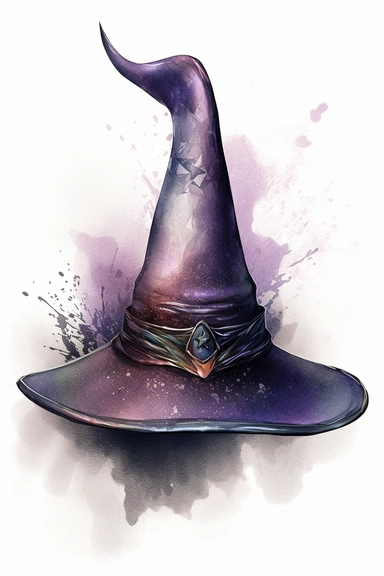 hyper realistic stunning Witch hat: Create a clipart of a classic witch hat with a gothic twist. You can add some spider webs, bats, or other gothic elements to make it more interesting. ,watercolor illustration, color palette Violet, eggplant,diesel,dusty gray,cannon pink, tamarind,mulled wine,charade ,realistic,symmetry,png white background