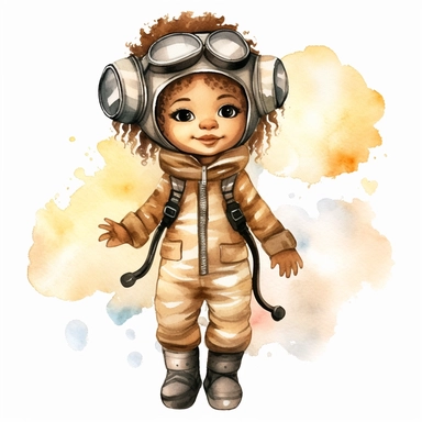 a watercolour clipart of a baby black girl aviator pilot, full body, big cute eyes, and simple watercolour background
