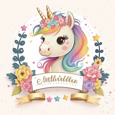 cute unicorn in chibi style with flowers in hair, colourful rainbow colours, well lite, with name plate ribbon with gold trim, watercolor clipart using procreate grain brush, svg white background