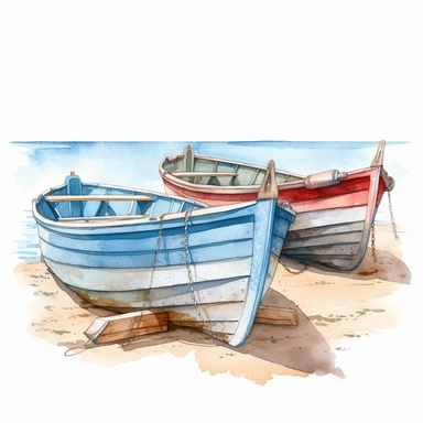 A watercolor clipart on isolated white background of boats at deck on an ocean beach.