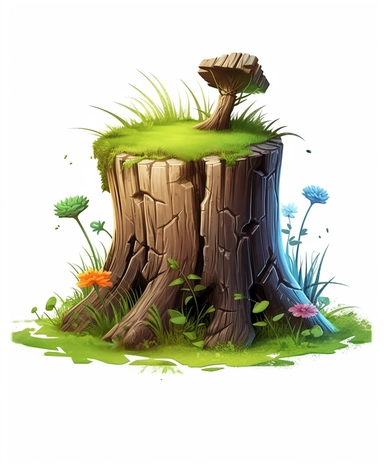 cartoon-style, 3d, realistic, tree stump with grass, clip art,