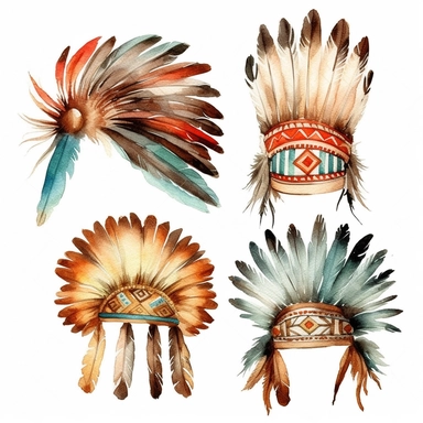 American Indian caps in watercolor style, simply design, clipart, white background