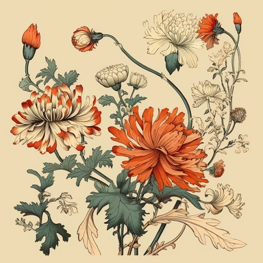Clipart, vintage, stylized japanese old flowers, botanical illustration, hand drawn, texture