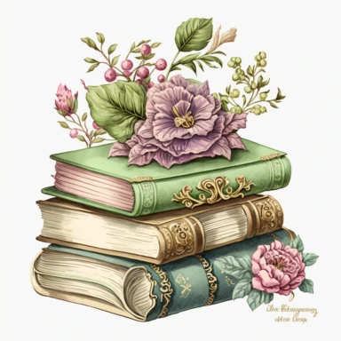 stacked books digital art, watercolor hand drawn clip art, coloured pencil, clip art, clipart, watercolor, clipart,, in the style of intricate, delicate flower and garden paintings, classical motifs and themes, light magenta and light green, embossed gold leaf, ferrania p30, adventure themed, english major white background