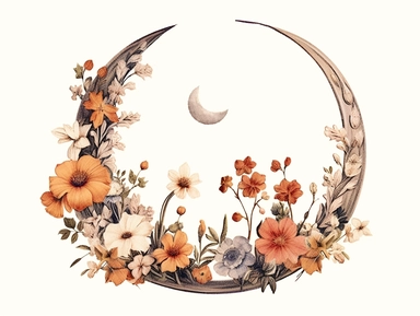 vintage pressed flowers, in a crescent moon shape, for a T-shirt graphic, minimalist, white background with margins, clipart style