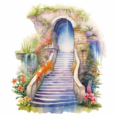 clipart, watercolor stair leading toward a waterfall, in the style of intricate, delicate flower and garden paintings, stone, rough clusters, small brushstrokes, arched doorways, colorful gardens, white background
