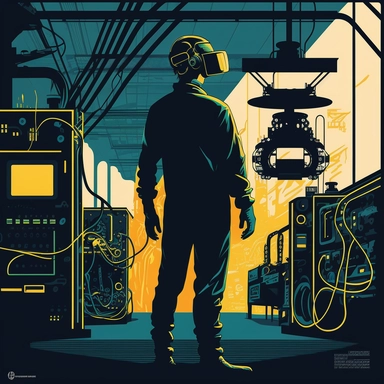 worker wearing vr headset, man, standing in an assembly plant, gauges, coding, vr developer, virtual reality, poster, simplistic, abstract, vector, 2d illustration, clipart, few colors