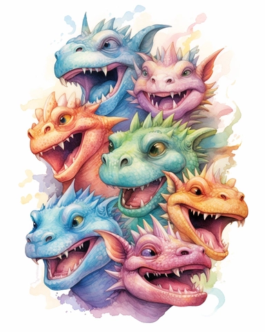 watercolored baby dragon laughing with 5 heads clipart multicolored