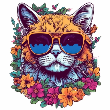 very detailed cutout design of a cartoonized cat wearing sunglasses, with retro summer sunset, and hippie roses, full color, laid flat on white background, vector illustration, flat comic style by Jim Steranko, Sublimation Clipart ,Cartoon,hyper realistic, intricate detail, illustration style,high solution,on the white background