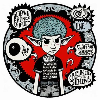 sheep designer, Basil Wolverton, Dungeons & Dragons, handpainted punk zine fashion poster, clipart illustration, circle white background, circle border