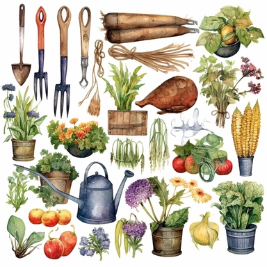 watercolor garden tools,Country farm gardening,Farmhouse decor clipart,vegetable,flower,Vintage rusty element. clip art
