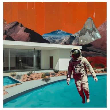 a painting of an astronaut jumping into a swimming pool, a pop art painting, inspired by Hannah Höch, featured on tumblr, landscape with red mountains, clipart, inherent vice, artsation contest winner, connectedness, man with a gun, hyperreal phantastic, zine, featured in artistation, mix