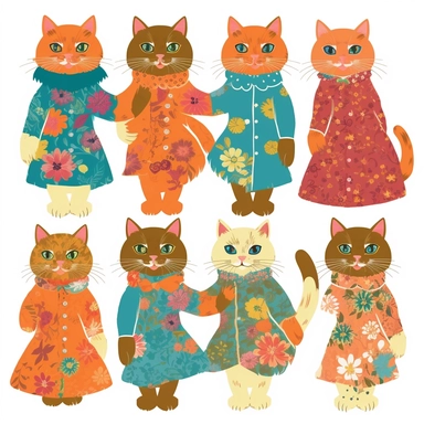 70s vintage kitsch cat illustration variations clipart on a white background
