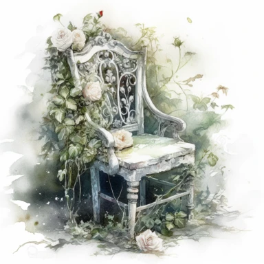 isolated on white illustration watercolor art of a white little chair inside the garden, overgrown with white and light pink roses and flowers, covered with snow and ice, a lot of moss and branches, lace and embroidery, masterpiece by Tomasz Alen Kopera style and by Carl Holsoe style and by James C. Christensen style and by Alexander Jansson style, Baroque Architecture, PNG clipart, isolated on white, white background, extreme photorealistic details, 32k HD resolution, realistic high detailizati