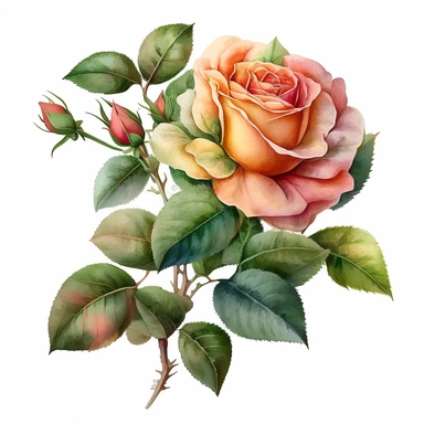 a rose plant in watercolor style, white background, clipart