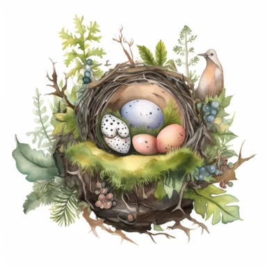 Illustrate a watercolor nest filled with magical eggs, surrounded by whimsical forest elements such as mushrooms, ferns, and moss-covered logs. This design can be incorporated into various clipart compositions or used as a standalone element for birth or new beginnings-themed projects.