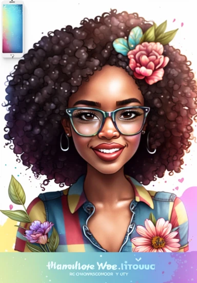 2d watercolor clipart kawaii, spring, april, character of beautiful african american woman smiling, Intricately rendered dark Skinned woman, full body portrait, intricately rendered, 8k, short thick curls brown hair, sparkles, generously detailed, hyper realistic, digital, long rainbow eye lashes, beautiful retro comic urban chick, nerdy, glasses, 8k,