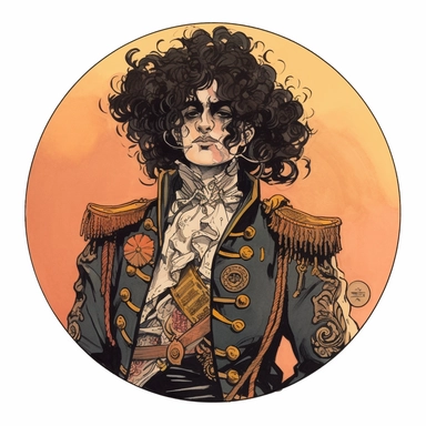 Abigail Larson's portrait of a regency military uniform orientalism noble, Josh Kirby Mad Max Lord of the Rings, handpainted punk zine indie retrowave film poster, clipart illustration, circle solid background, circular border