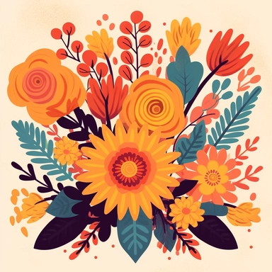 An illustration of fall flower clipart, reminiscent of the vibrant works of Mary Blair. A bouquet of colorful flowers in rich autumn hues, showcasing delicate petals and intricate details. Warm color temperature enhances the cozy, nostalgic vibe. The flowers exude joy, their faces radiant with contentment. Soft, diffused lighting creates a gentle atmosphere, inviting viewers to immerse themselves in the beauty of nature.