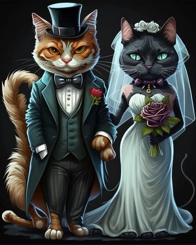 clipart of bride is a cat with a wedding dress on the groom is a cat with a tuxedo on a cat getting married