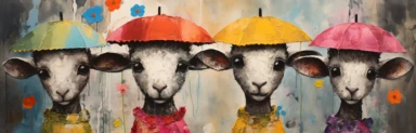 a row of cute miniature lambs, a collage of mixed media art made with tissue paper, magazine and newspaper clippings, oil paint, graphite pencil lines and fabric, in the style of playful surrealism, whimsical, washi tape