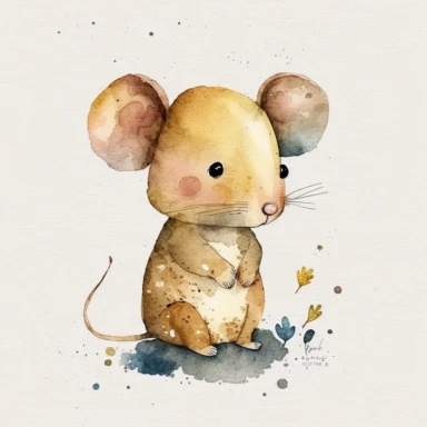 Simplified clipart of a single cute mouse, watercolor illustration clipart, simple shapes, no lines, no outlines, clipart, cottagecore, vintage, cartoon animals clipart, minimalist, watercolour clipart, watercolor illlustration childrens book, vector, PNG tranparent background