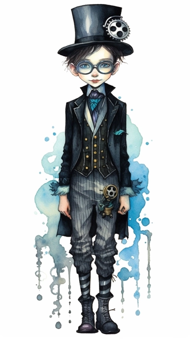 watercolor mixed media goth steampunk boy entire body illustration clipart by holly hobbie