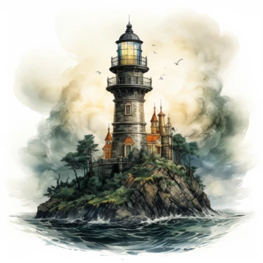 Dark fantasy lighthouse Clipart, Watercolor, hyper realistic, intricate detail, illustration style, high resolution, on the white background