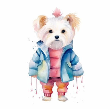 a cute clipart,unique outfit , different breed , full body , unique pose, unique outfit , white background , watercolors image, unique and vibrant , no other elements, clean shapes ,center and middle, cute