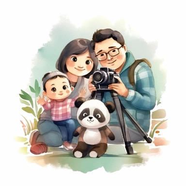 Create a watercolor illustration clipart of a playful cute Baby Panda Taking family photo in studio, with its full body visible. Use soft, flowing brushstrokes and a warm, inviting color palette to create an image that is both charming and whimsical. Incorporate intricate details like the motion of Baby Panda Taking family photo in studio to create a lifelike, realistic image. Can add other elements to the illustration like related item to play to create playful scene. Use white background to al